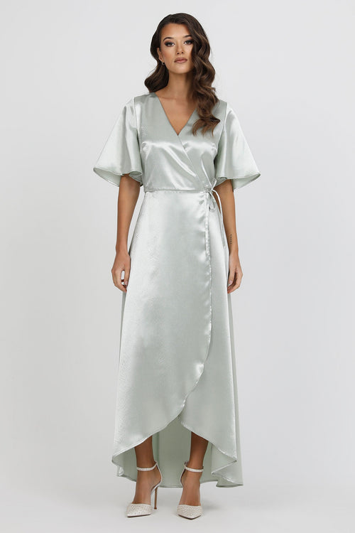 Light Sage Green Wrap Satin Dress With Flutter Sleeves Dsir Couture Light Sage Green Wrap Satin Dress With Flutter Sleeves Dsir Couture