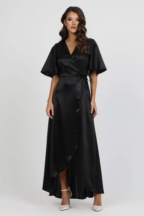 Black Wrap Satin Dress With Flutter Sleeves Black Wrap Satin Dress With Flutter Sleeves