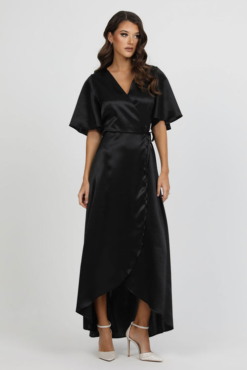 Black Wrap Satin Dress With Flutter Sleeves Dsir Couture Black Wrap Satin Dress With Flutter Sleeves Dsir Couture