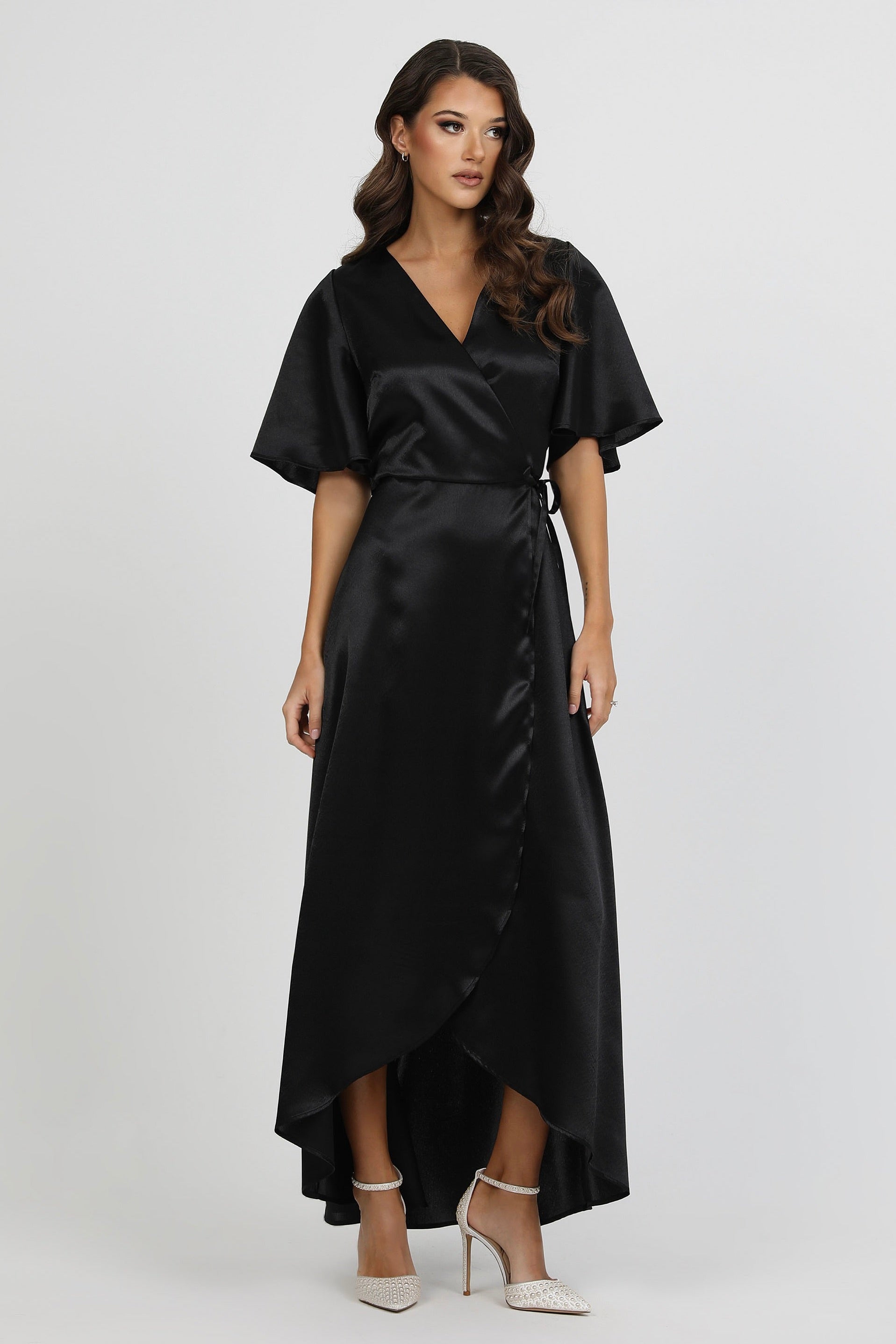 kali formal satin wrap dress ECLIPSE DRAPE GOWN ESPRESSO XS