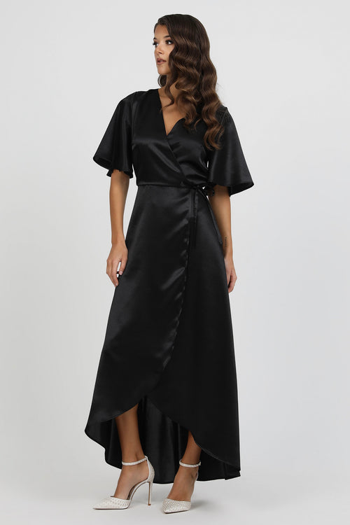 Black Wrap Satin Dress With Flutter Sleeves Black Wrap Satin Dress With Flutter Sleeves