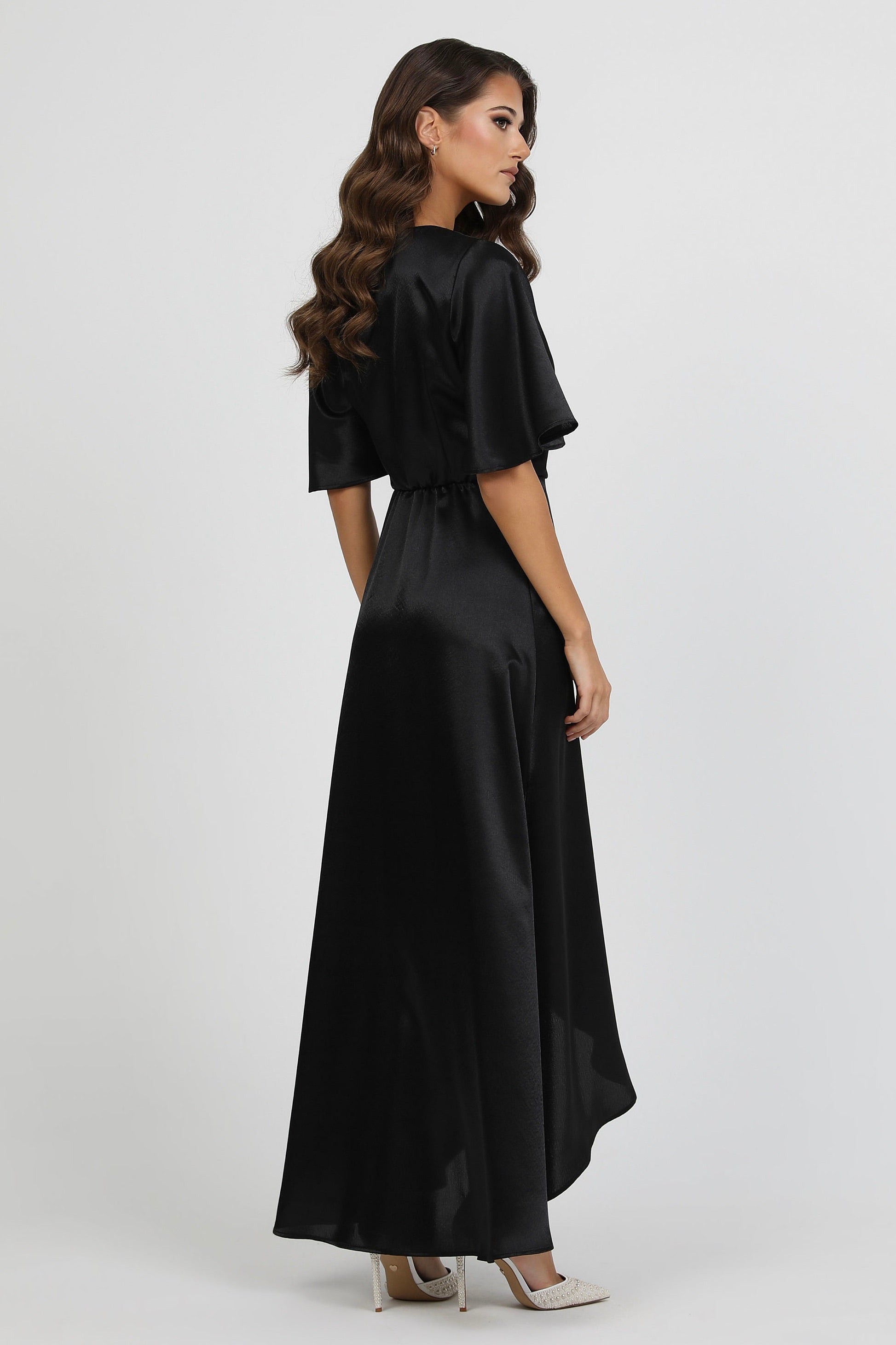 Black Wrap Satin Dress With Flutter Sleeves – Désir Couture Black Wrap Satin Dress With Flutter Sleeves – Désir Couture