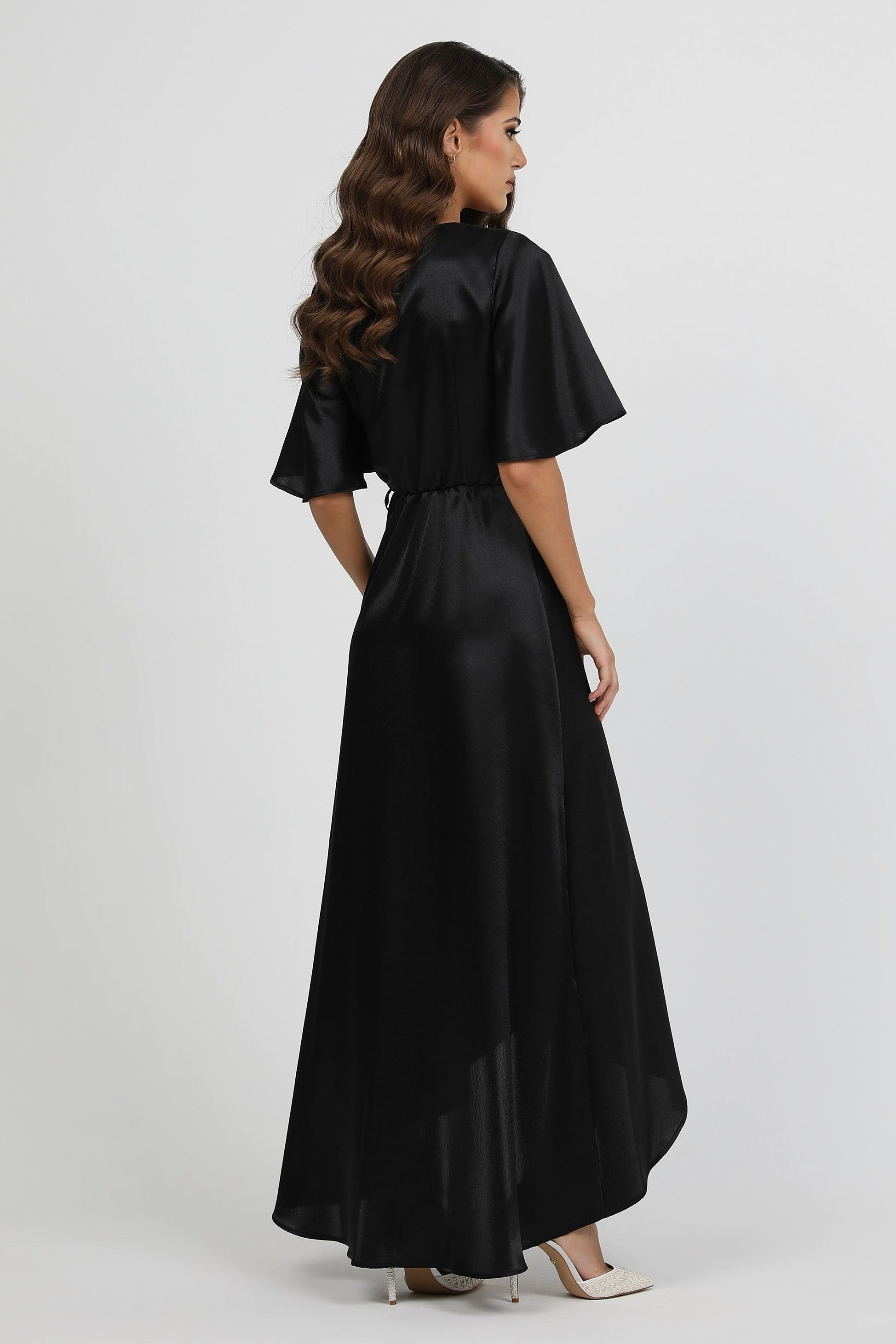 Black Wrap Satin Dress With Flutter Sleeves – Désir Couture