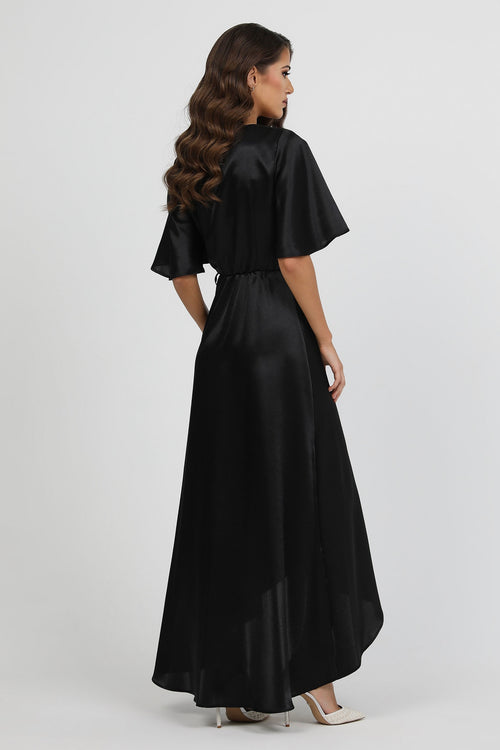 Black Wrap Satin Dress With Flutter Sleeves Dsir Couture Black Wrap Satin Dress With Flutter Sleeves Dsir Couture