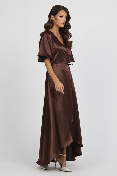 Brown Wrap Satin Dress With Flutter Sleeves Dsir Couture Brown Wrap Satin Dress With Flutter Sleeves Dsir Couture