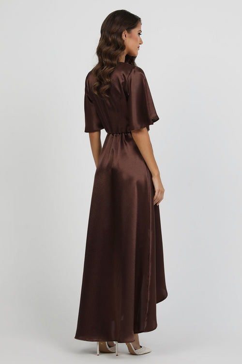 Brown Wrap Satin Dress With Flutter Sleeves Dsir Couture Brown Wrap Satin Dress With Flutter Sleeves Dsir Couture