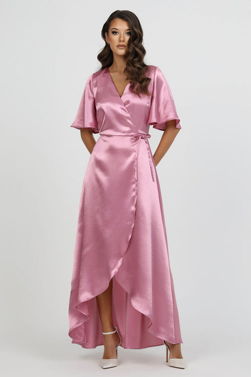 Dusty Rose Wrap Satin Dress With Flutter Sleeves Dsir Couture Dusty Rose Wrap Satin Dress With Flutter Sleeves Dsir Couture
