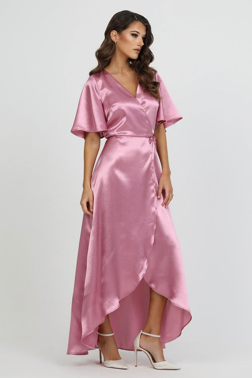 Dusty Rose Wrap Satin Dress With Flutter Sleeves Dsir Couture Dusty Rose Wrap Satin Dress With Flutter Sleeves Dsir Couture