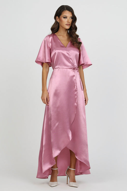 pink satin flowy dress Blaise Pink Satin Maxi Dress - US 10