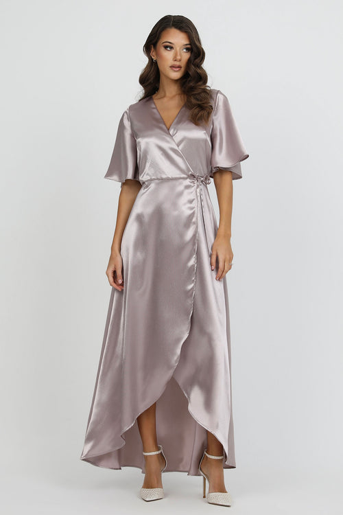 Taupe Wrap Satin Dress With Flutter Sleeves Dsir Couture Taupe Wrap Satin Dress With Flutter Sleeves Dsir Couture