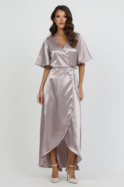 Taupe Wrap Satin Dress With Flutter Sleeves Dsir Couture Taupe Wrap Satin Dress With Flutter Sleeves Dsir Couture