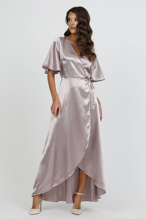 Taupe Wrap Satin Dress With Flutter Sleeves Dsir Couture Taupe Wrap Satin Dress With Flutter Sleeves Dsir Couture