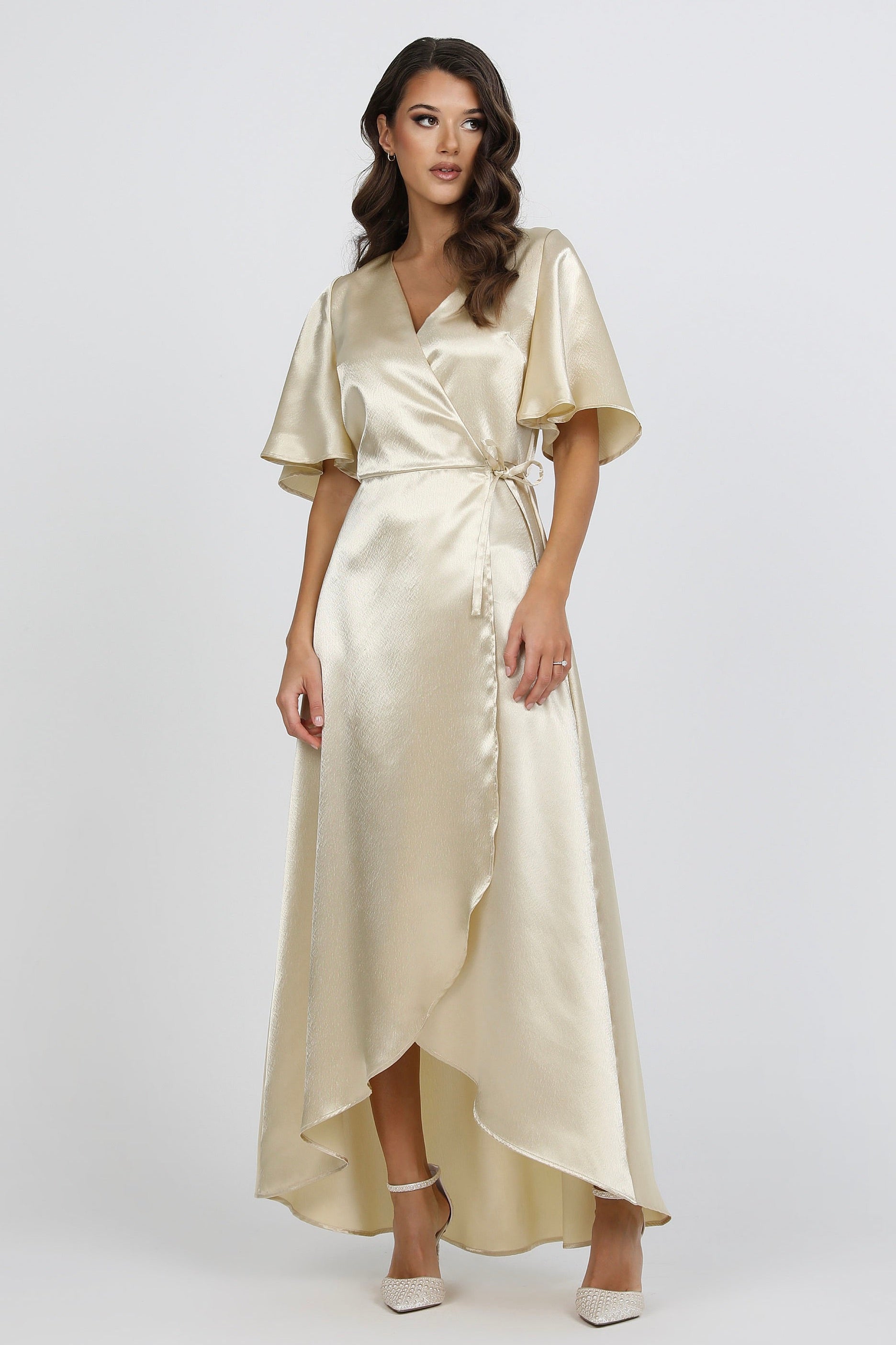 Light Champagne Wrap Satin Dress With Flutter Sleeves – Désir Couture