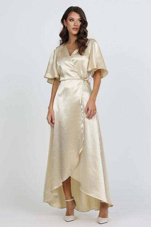 Light Champagne Wrap Satin Dress With Flutter Sleeves Dsir Couture Light Champagne Wrap Satin Dress With Flutter Sleeves Dsir Couture