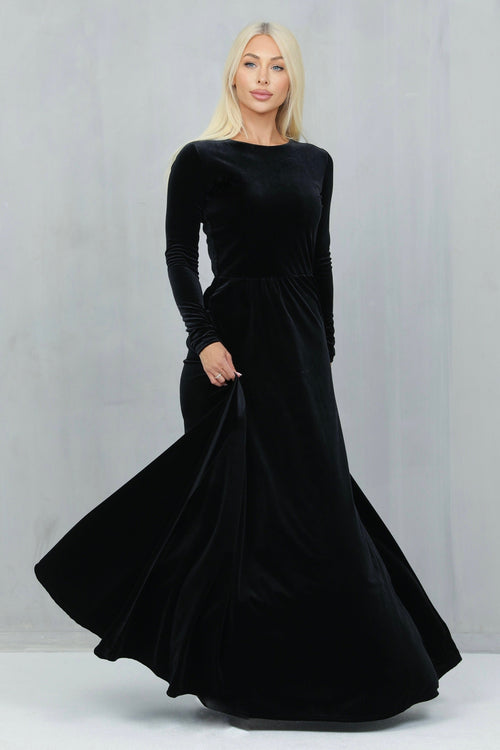S Size Black Velvet Round Neckline Dress (Ready to Ship)
