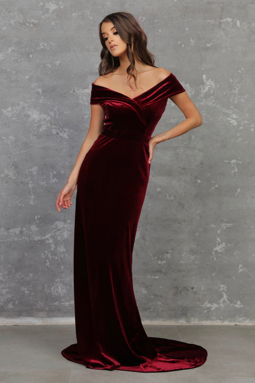 Burgundy Velvet Off The Shoulder Dress - Bridesmaid Dress - Gown Dsir Couture Burgundy Velvet Off The Shoulder Dress - Bridesmaid Dress - Gown Dsir Couture