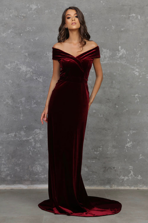 Burgundy Velvet Off The Shoulder Dress - Bridesmaid Dress - Gown Dsir Couture Burgundy Velvet Off The Shoulder Dress - Bridesmaid Dress - Gown Dsir Couture