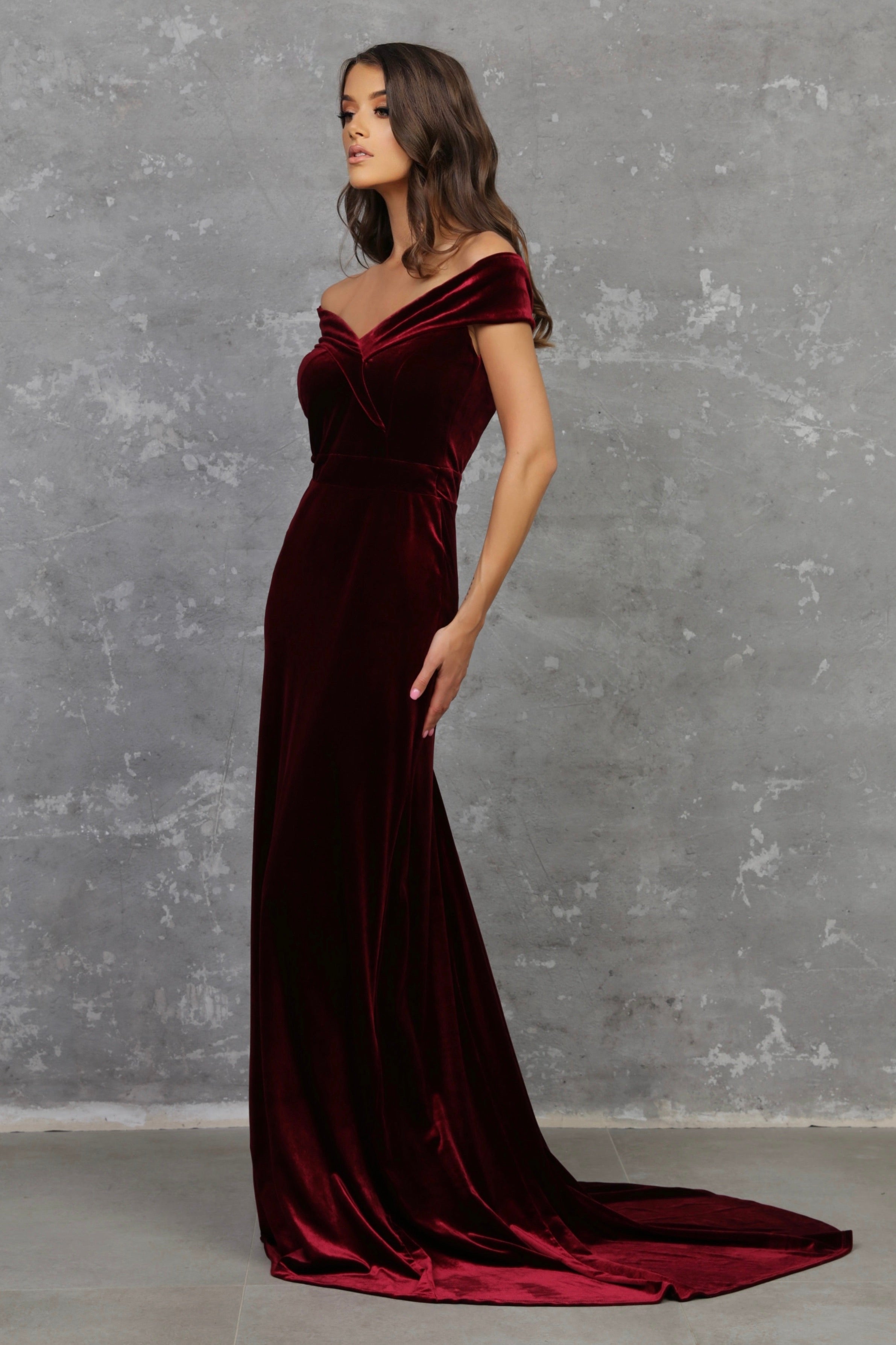 Burgundy Velvet Off The Shoulder Dress - Bridesmaid Dress