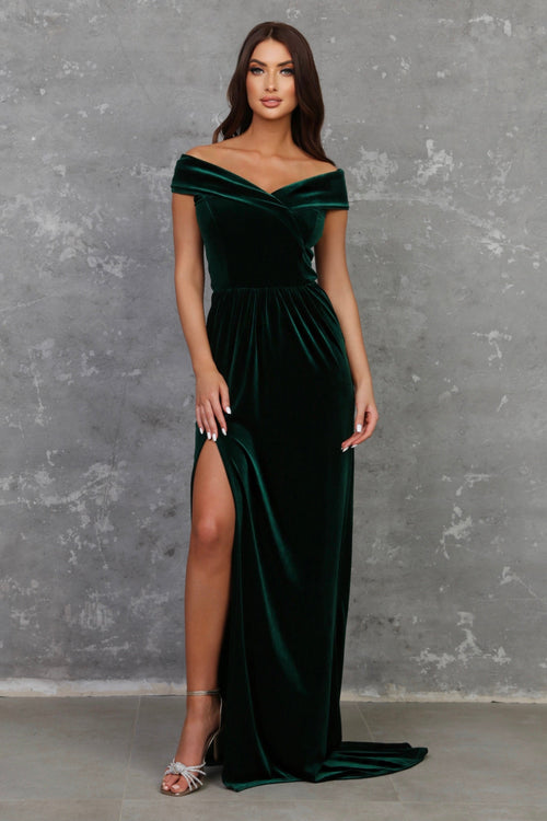 S Size Dark Green Velvet Off Shoulders Dress With Skirt Train (Ready to Ship)