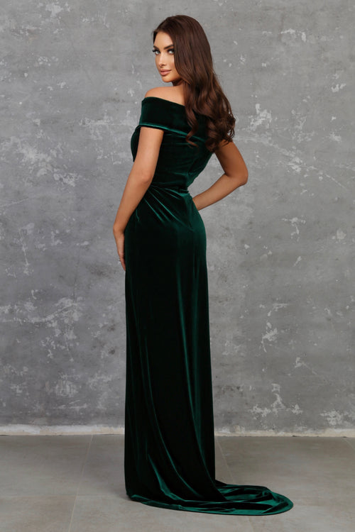 off the shoulder velvet dress I'm Enchanted Emerald Green Velvet Off-the-Shoulder Maxi Dress