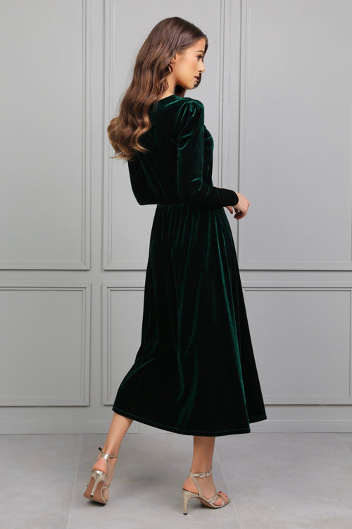 Dark Green Velvet Round Neckline Midi Dress