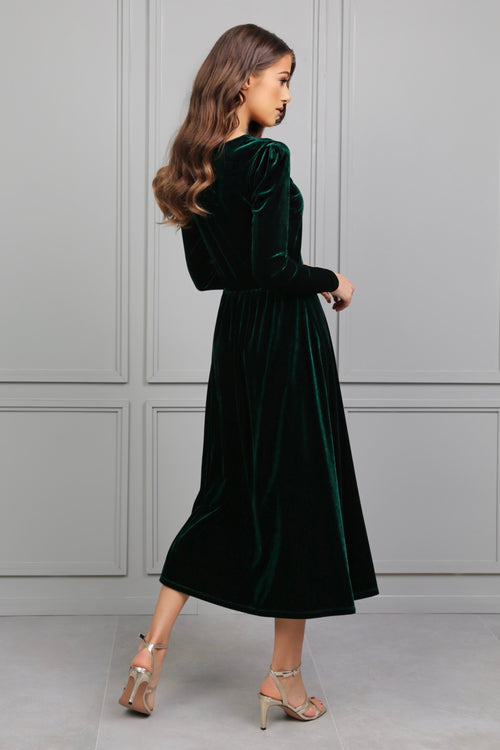 Dark Green Velvet Round Neckline Midi Dress Dark Green Velvet Round Neckline Midi Dress