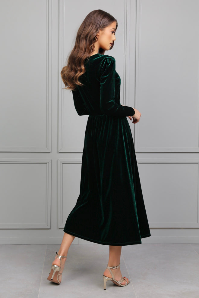 Dark Green Velvet Round Neckline Midi Dress