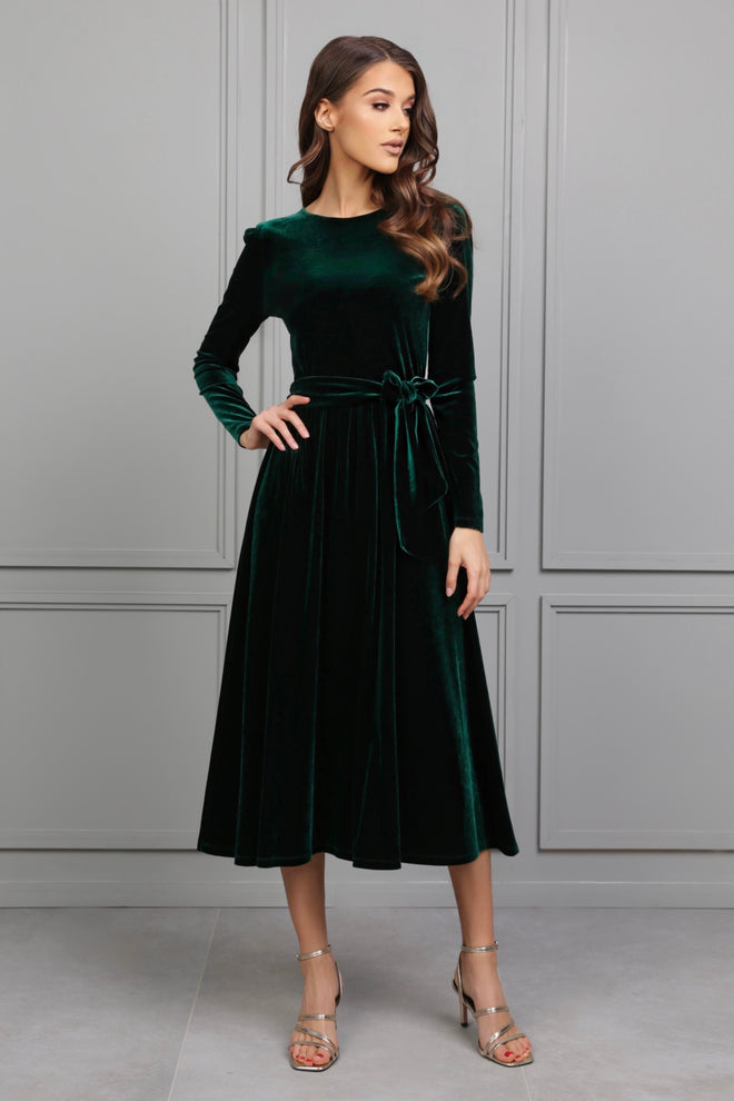 Dark Green Velvet Round Neckline Midi Dress