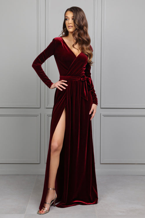 velvet-touch silk evening dress Navy Velvet Wrap V Neckline Dress Flutter Sleeves
