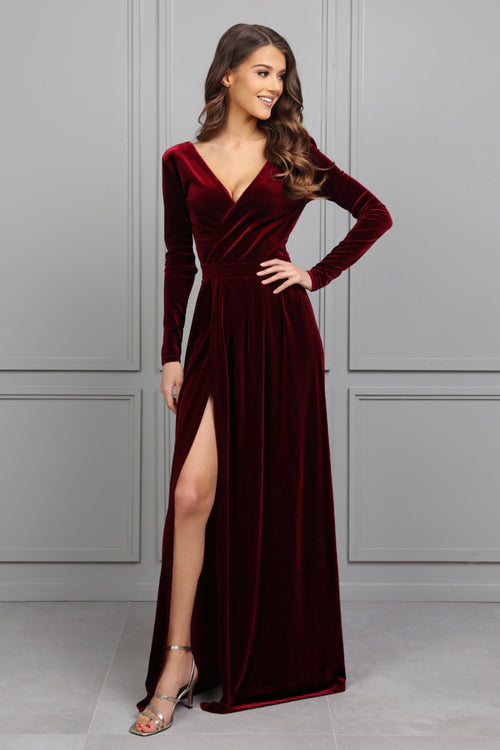 S Size Burgundy Velvet Wrap V Neckline Dress (Ready to Ship)