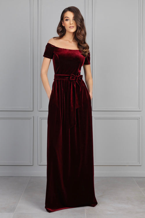maroon bridesmaid dresses off the shoulder Off-shoulder Burgundy Velvet Tea-length Prom Dress