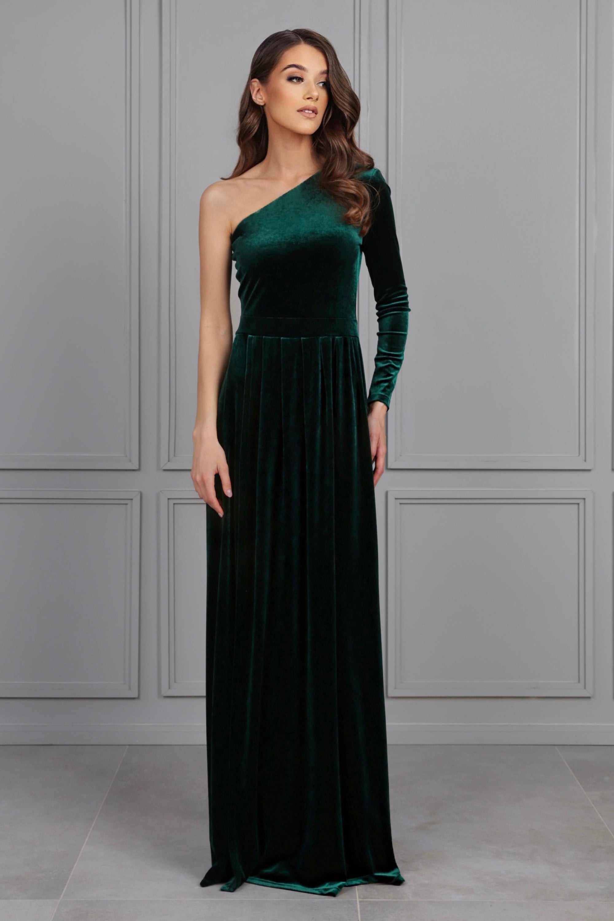 Dark Green Velvet Dress One Shoulder Dress - Bridesmaid Dress