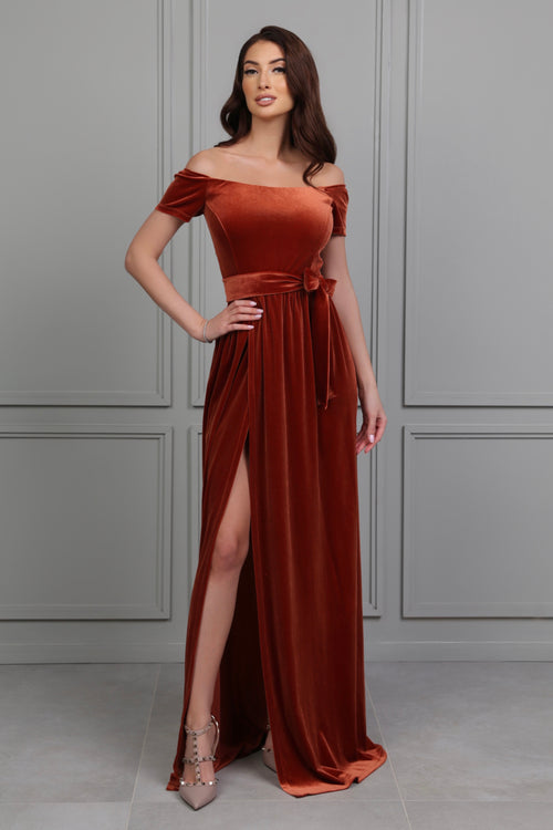 orange velvet dress Rusty Burnt Orange Velvet Dress - Off The Shoulder Dress
