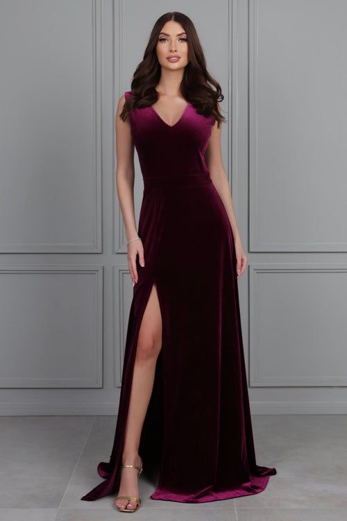 S Size Dark Purple Regular V Neckline Velvet Dress (Ready to Ship)
