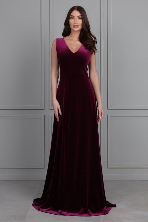 S Size Dark Purple Regular V Neckline Velvet Dress (Ready to Ship)