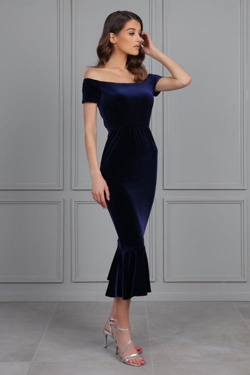 Navy Velvet Off Shoulders Midi Dress