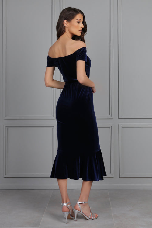 Navy Velvet Off Shoulders Midi Dress Dsir Couture Navy Velvet Off Shoulders Midi Dress Dsir Couture