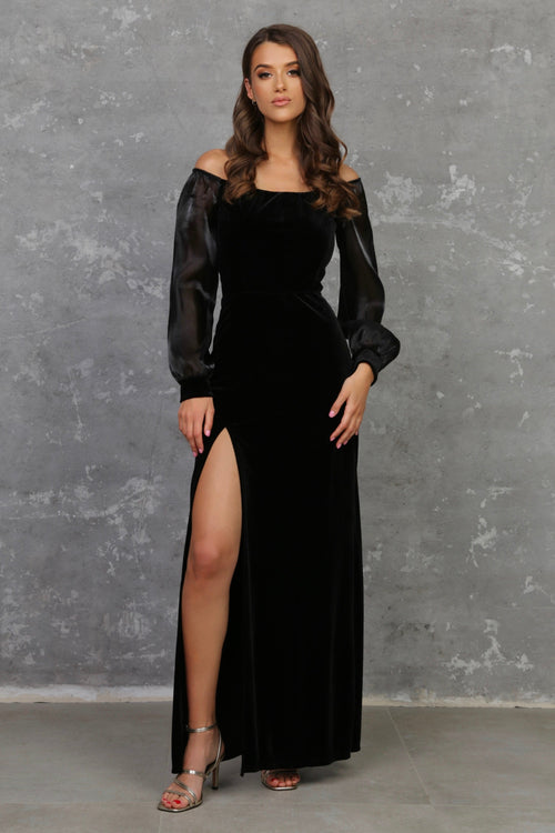 S Size Black Velvet Off Shoulder Dress Organza Sleeves (Ready to Ship)