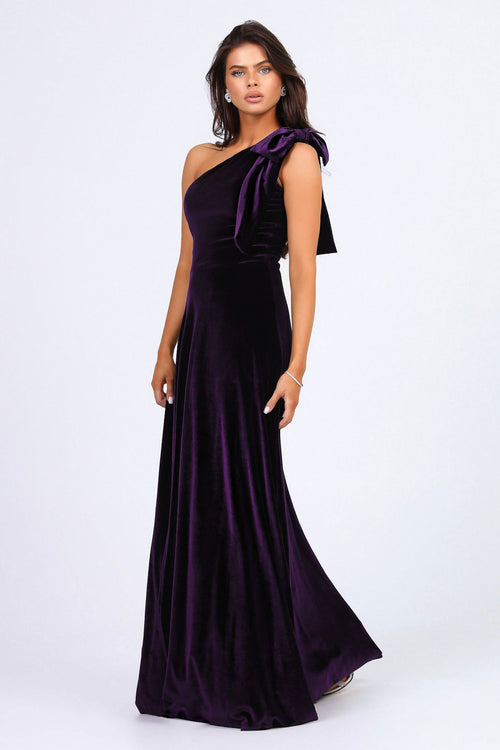 Plum Velvet One Shoulder With Shoulder Bow Dress Plum Velvet One Shoulder With Shoulder Bow Dress