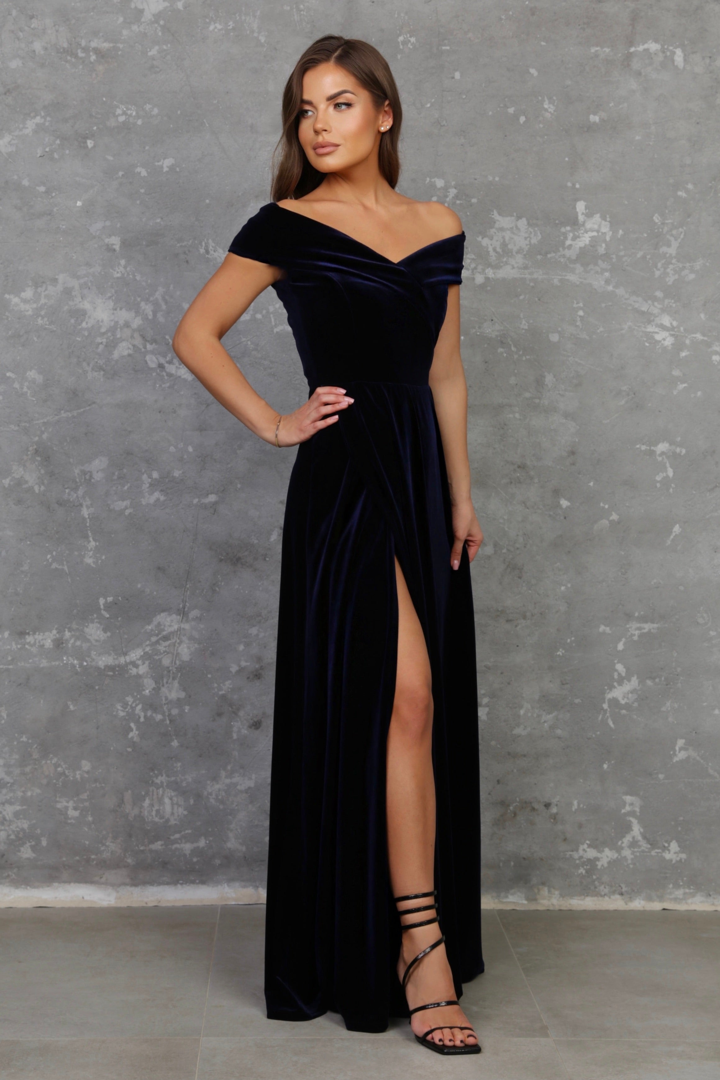 navy blue velvet off the shoulder dress Velvet Navy Blue Dress Off the Shoulder Wedding Guest Dress Long Sleeve Dress with Slit, Velvet Maxi Dress Elegant Women Evening Dress