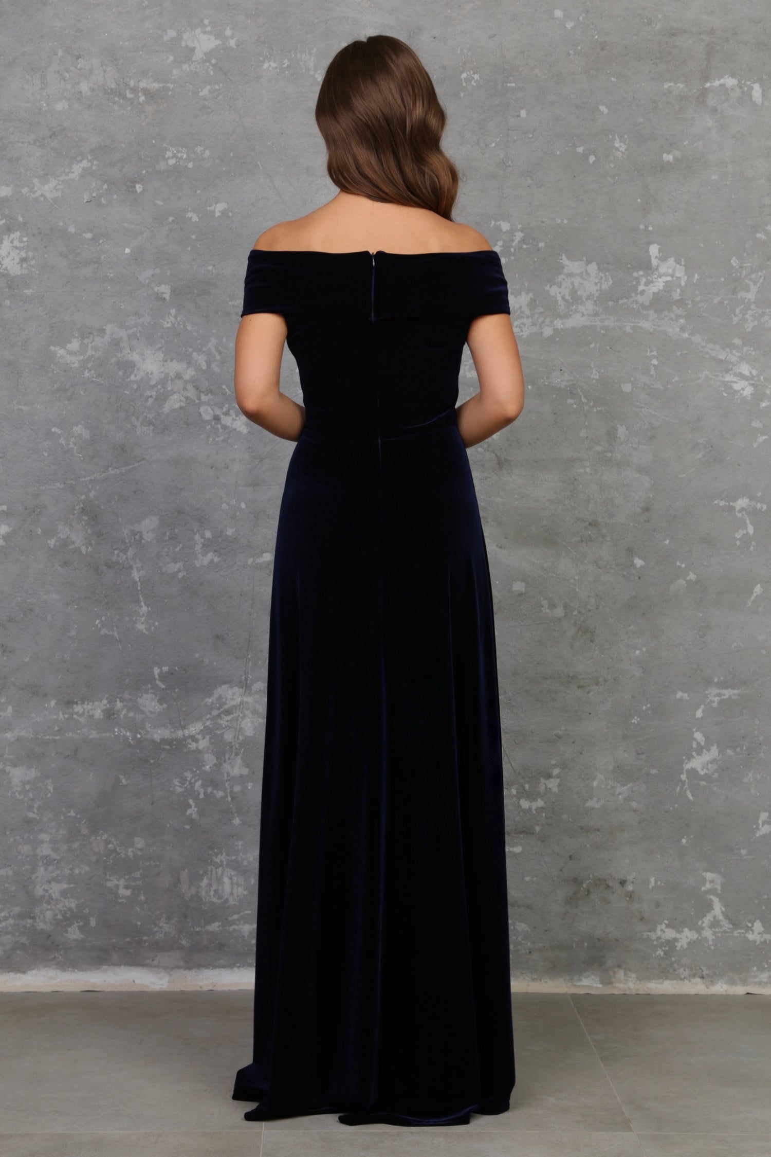 Navy Blue Velvet Dress - Off The Shoulder Dress