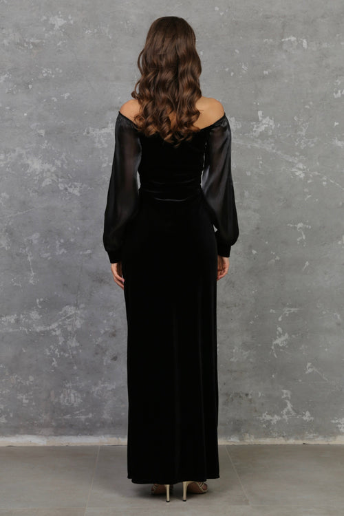 S Size Black Velvet Off Shoulder Dress Organza Sleeves (Ready to Ship)