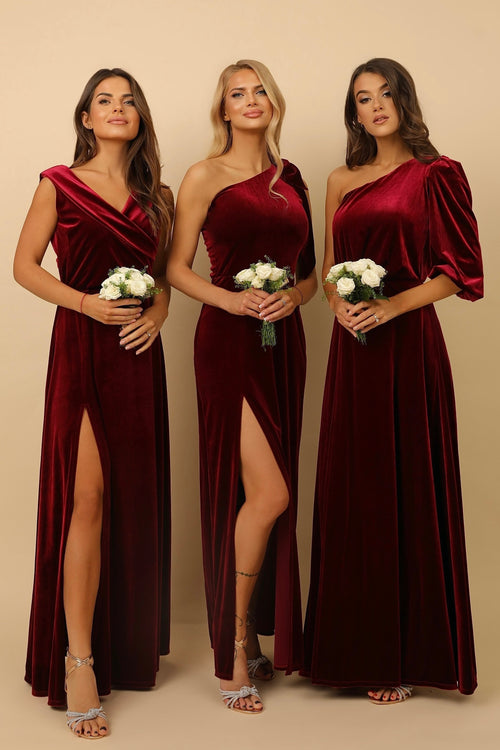 Burgundy Velvet One Shoulder Dress With Shoulder Bow Burgundy Velvet One Shoulder Dress With Shoulder Bow