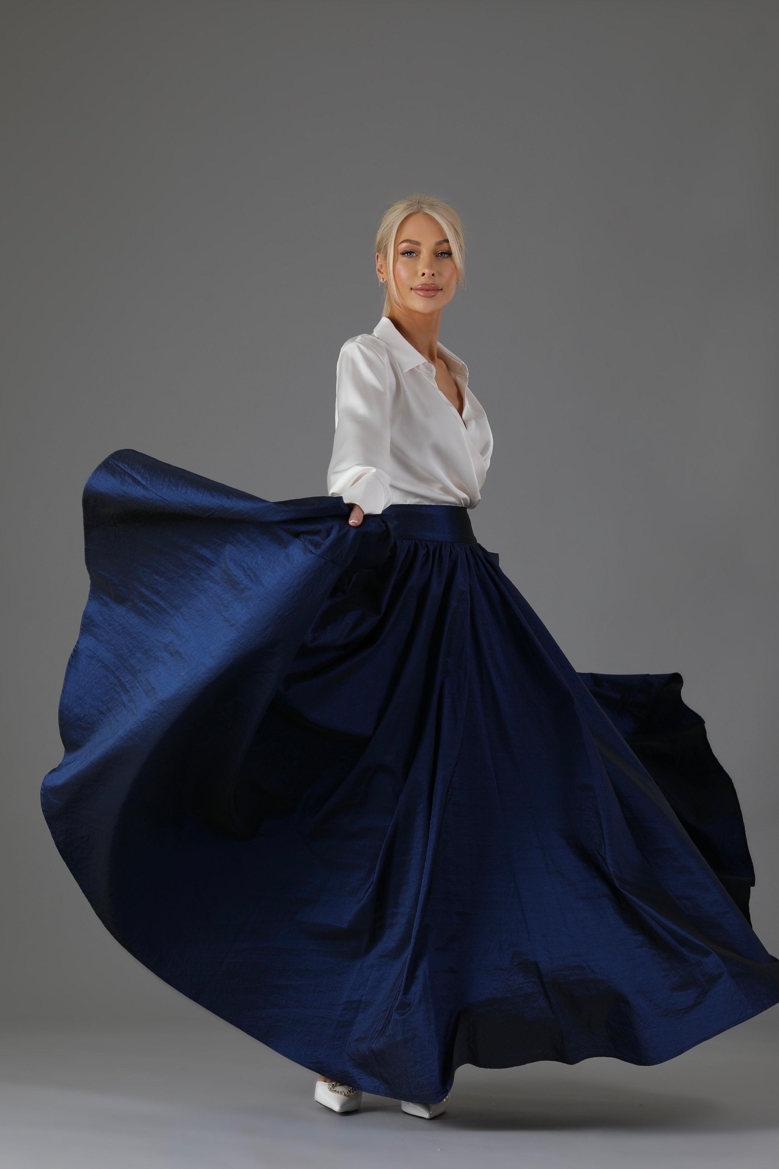 Navy Blue Taffeta Full Circle Skirt